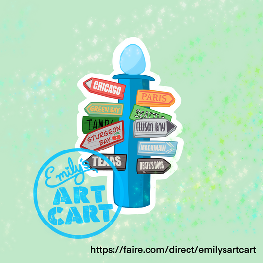 A sticker of Egg Harbor directional sign in Door County, now available on Faire for wholesale Stickers, wholesale Door County, WI.