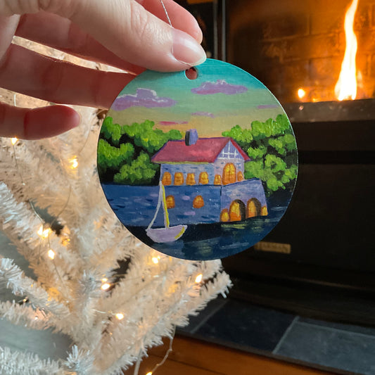 Rock Island Boathouse Hand-Painted Ornament