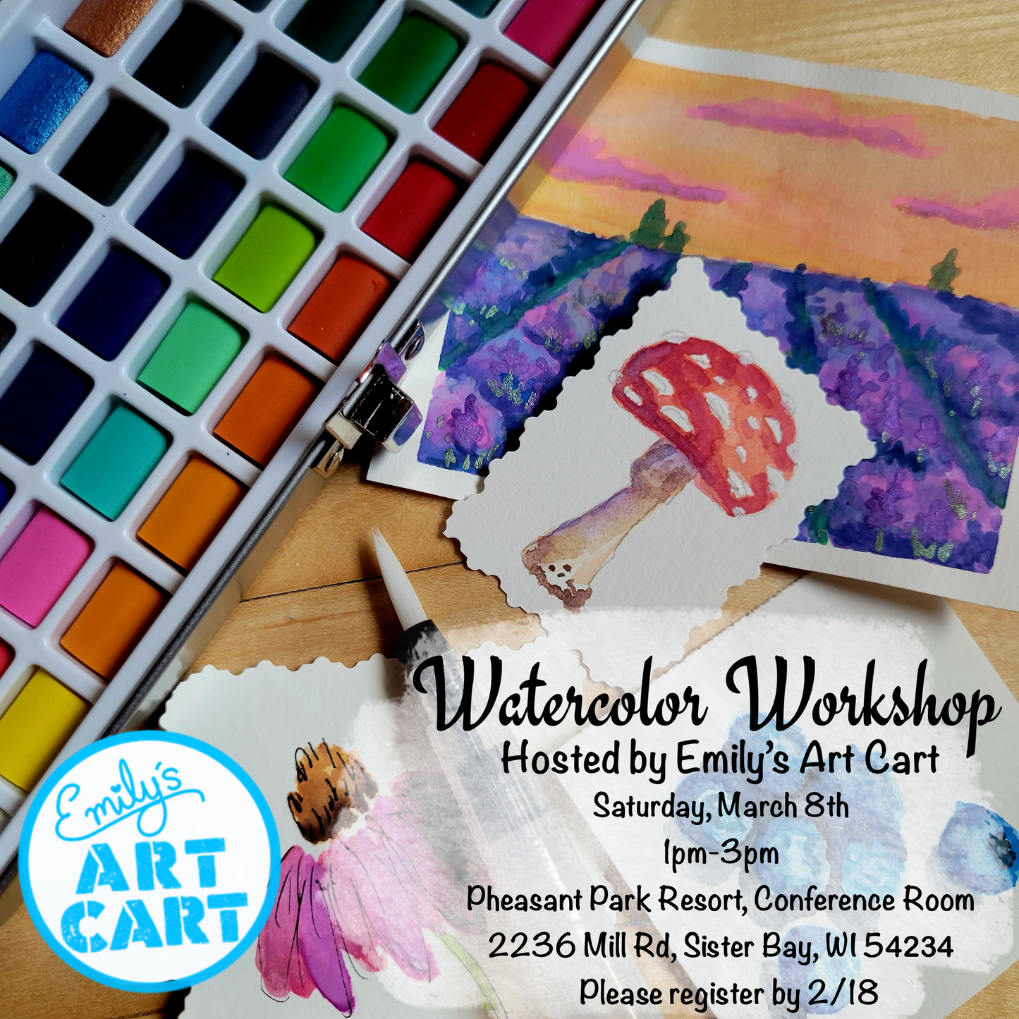 Watercolor Workshop at Pheasant Park Resort - 1pm-3pm, March 8th, 2025.