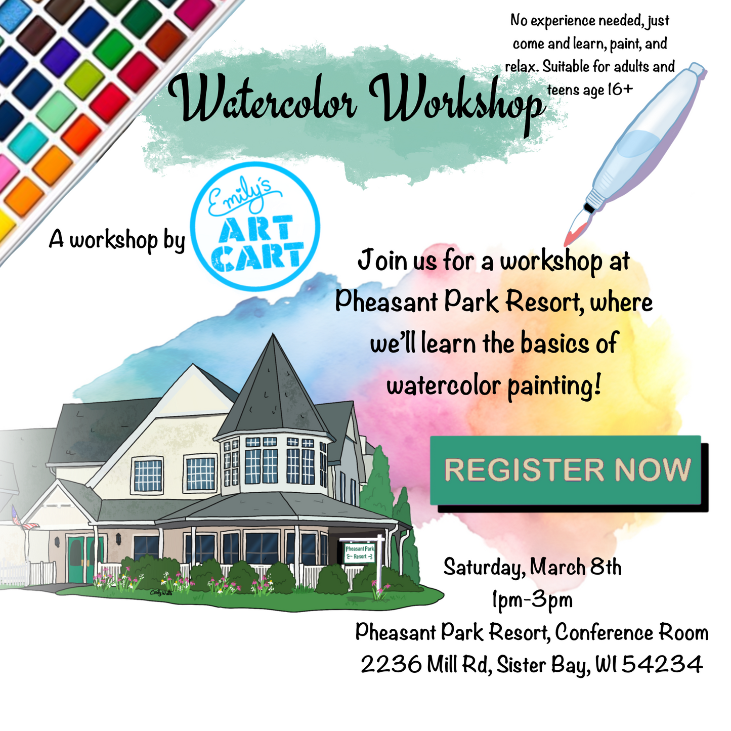 Watercolor Workshop at Pheasant Park Resort - 1pm-3pm, March 8th, 2025.