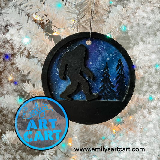 Sasquatch Layered Ornament with Milky Way Hand-Painted Background