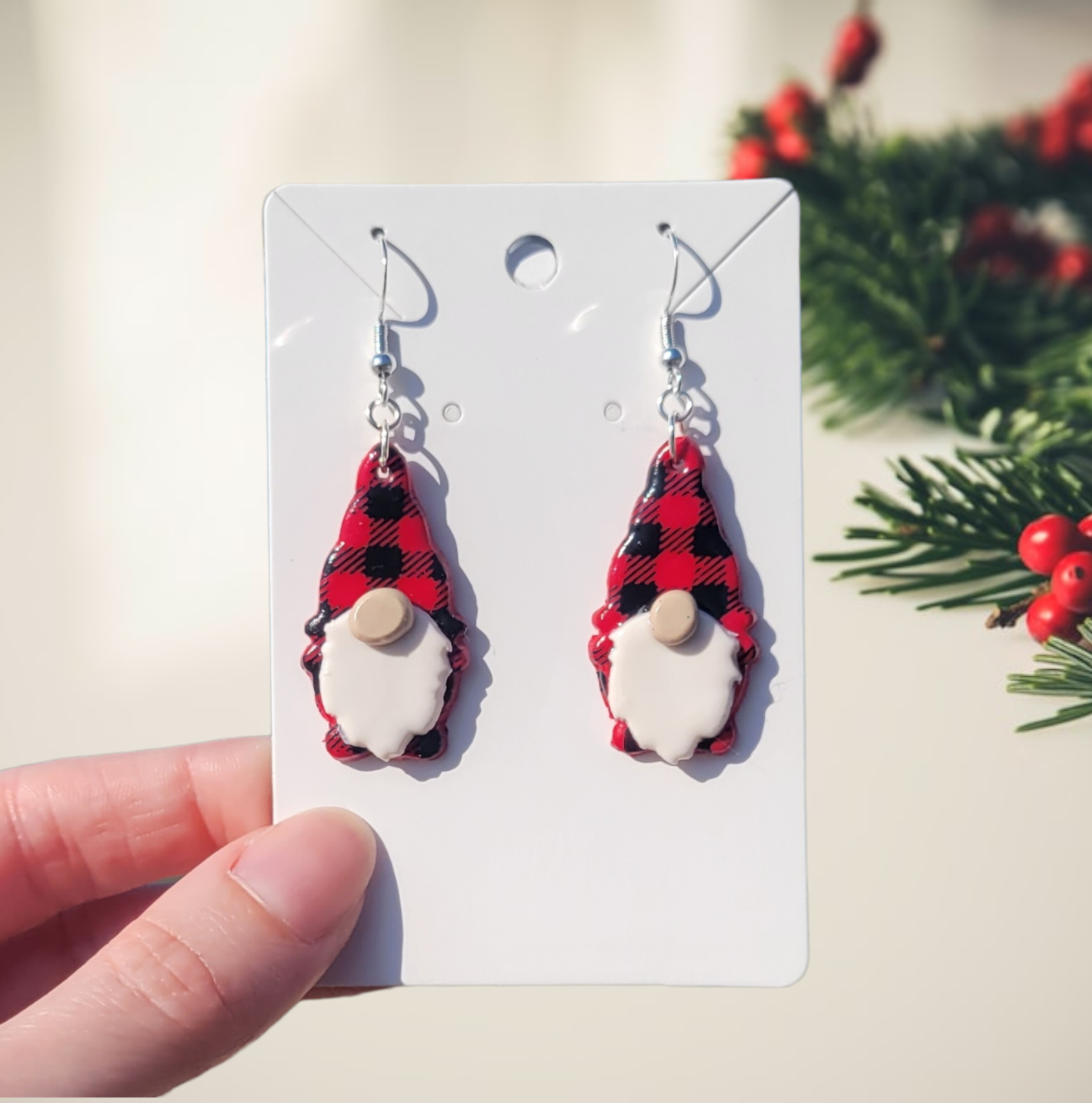 Red Buffalo Plaid Gnome Earrings