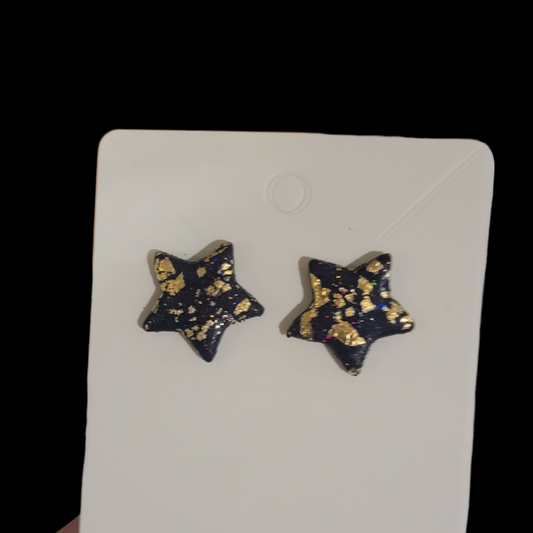 Glitter and Gold Star Stud Earrings - Black
