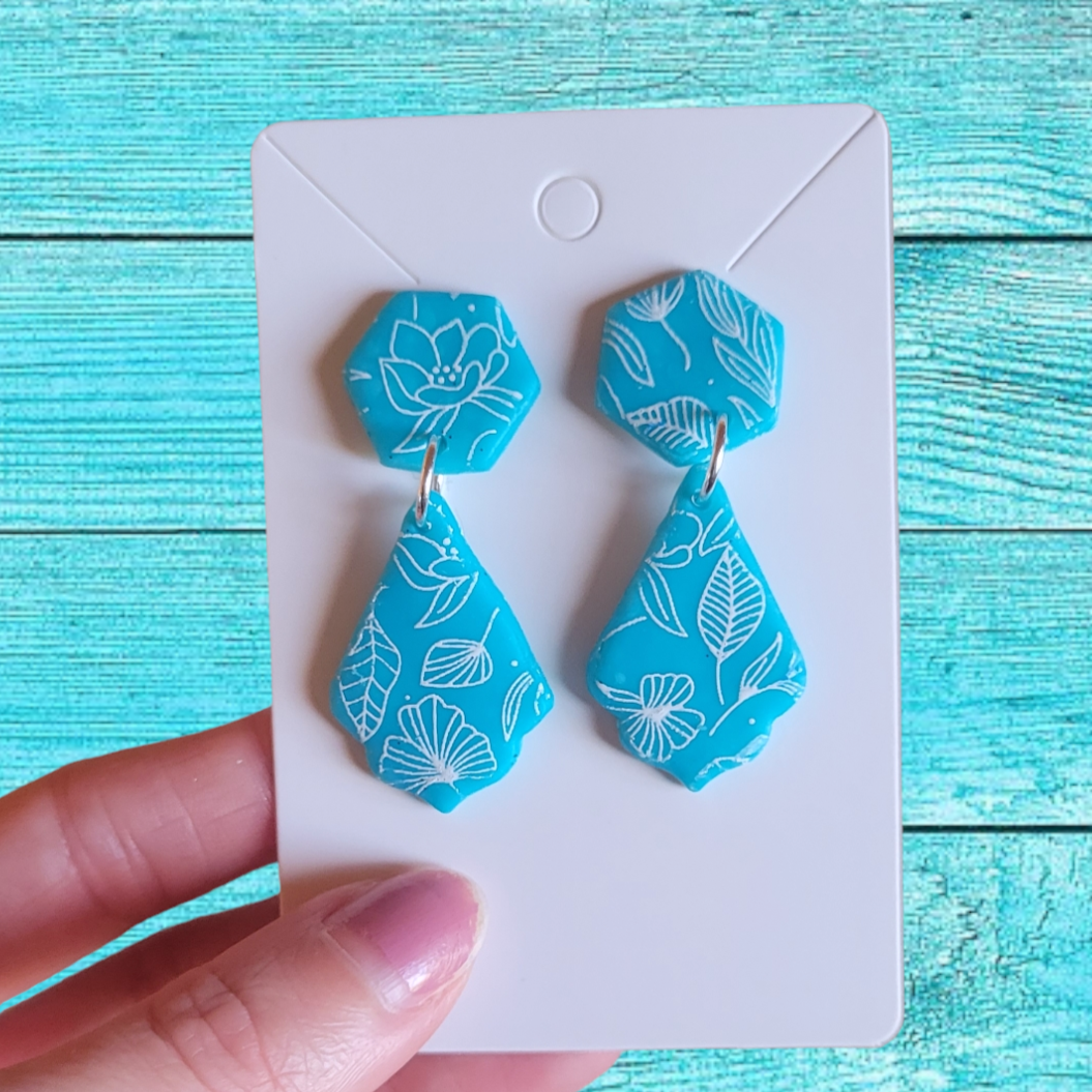 Blue Floral Dangly Stud Earrings