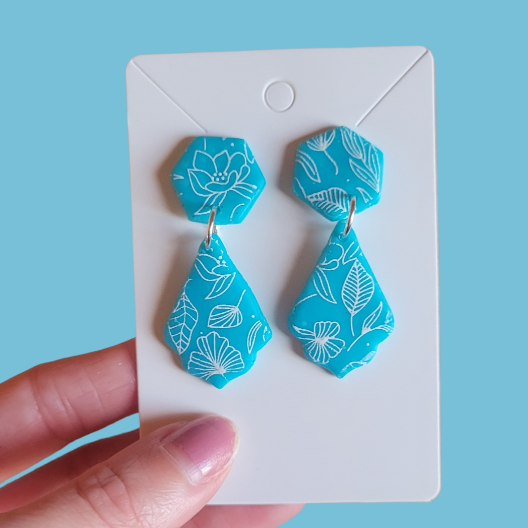 Blue Floral Dangly Stud Earrings